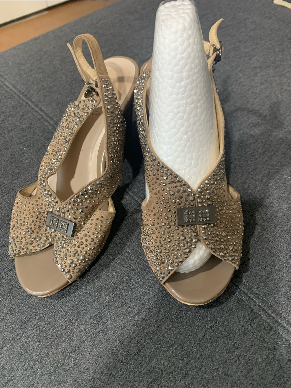 Crystal-Embellished Slingback Heels in Tan